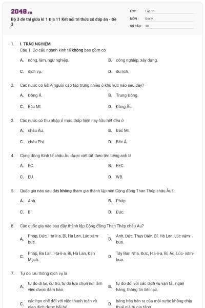 Bộ 3 đề thi giữa kì 1 Địa 11 Kết nối tri thức có đáp án - Đề 3