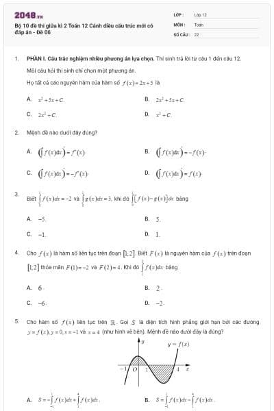 Bộ 10 đề thi giữa kì 2 Toán 12 Cánh diều cấu trúc mới có đáp án - Đề 06