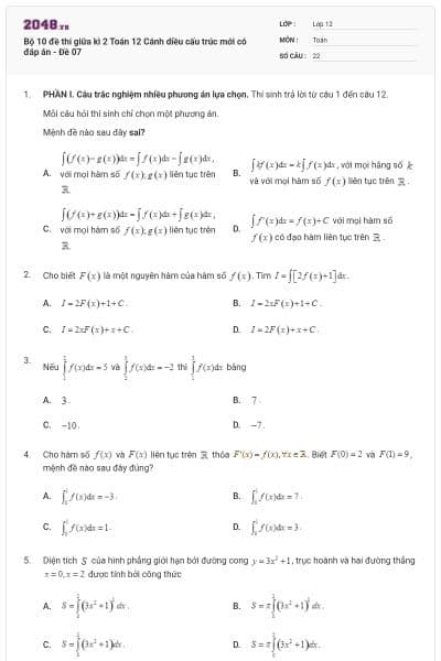 Bộ 10 đề thi giữa kì 2 Toán 12 Cánh diều cấu trúc mới có đáp án - Đề 07