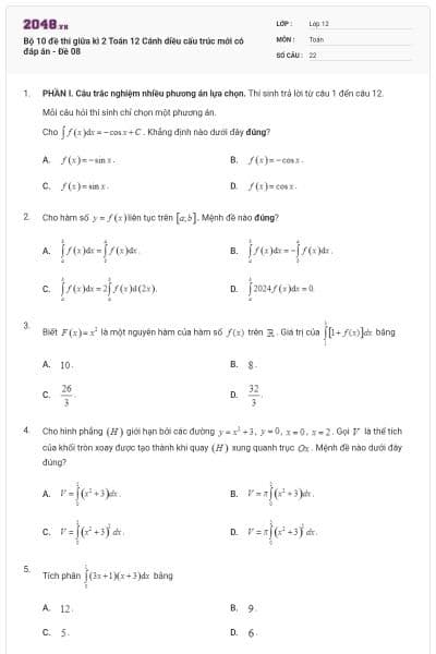 Bộ 10 đề thi giữa kì 2 Toán 12 Cánh diều cấu trúc mới có đáp án - Đề 08
