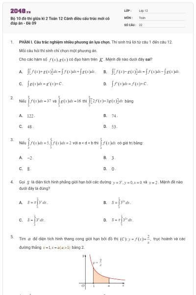 Bộ 10 đề thi giữa kì 2 Toán 12 Cánh diều cấu trúc mới có đáp án - Đề 09