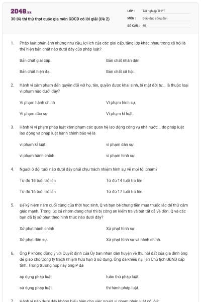 30 Đề thi thử thpt quốc gia môn GDCD có lời giải (Đề 2)