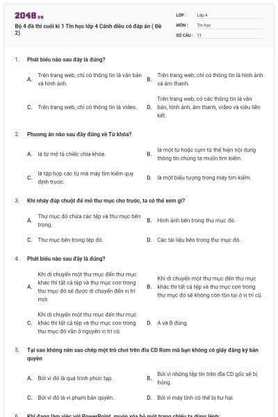 Bộ 4 đề thi cuối kì 1 Tin học lớp 4 Cánh diều có đáp án ( Đề 2)