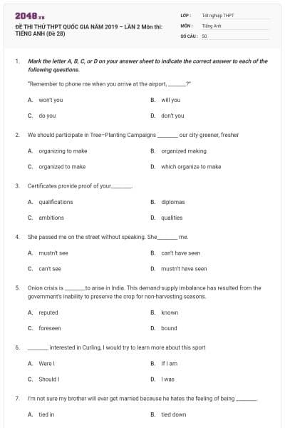 ĐỀ THI THỬ THPT QUỐC GIA NĂM 2019 – LẦN 2 Môn thi: TIẾNG ANH (Đề 28)