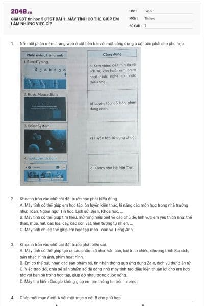 Giải SBT tin học 5 CTST BÀI 1. MÁY TÍNH CÓ THỂ GIÚP EM LÀM NHỮNG VIỆC GÌ?