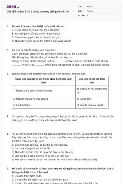 Giải VBT tin học 5 bài 3 thông tin trong giải quyết vấn đề