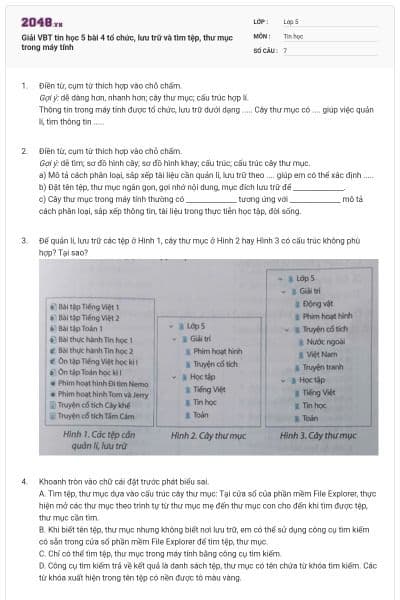 Giải VBT tin học 5 bài 4 tổ chức, lưu trữ và tìm tệp, thư mục trong máy tính