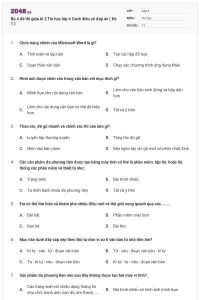 Bộ 4 đề thi giữa kì 2 Tin học lớp 4 Cánh diều có đáp án ( Đề 1 )