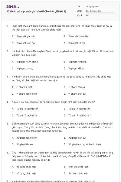30 Đề thi thử thpt quốc gia môn GDCD có lời giải (Đề 2)