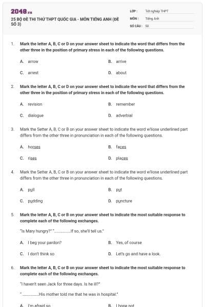 25 BỘ ĐỀ THI THỬ THPT QUỐC GIA - MÔN TIẾNG ANH (ĐỀ SỐ 3)