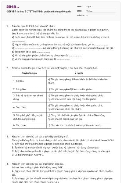 Giải VBT tin học 5 CTST bài 5 bản quyền nội dung thông tin
