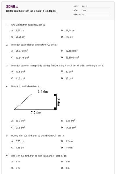 Bài tập cuối tuần Toán lớp 5 Tuần 13 (có đáp án)