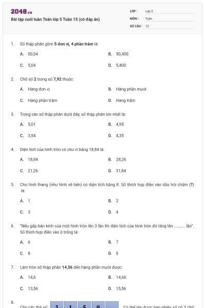 Bài tập cuối tuần Toán lớp 5 Tuần 15 (có đáp án)