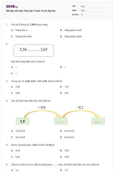 Bài tập cuối tuần Toán lớp 5 Tuần 16 (có đáp án)