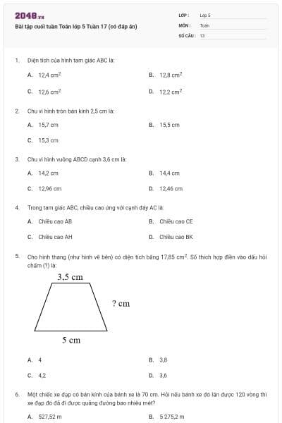 Bài tập cuối tuần Toán lớp 5 Tuần 17 (có đáp án)