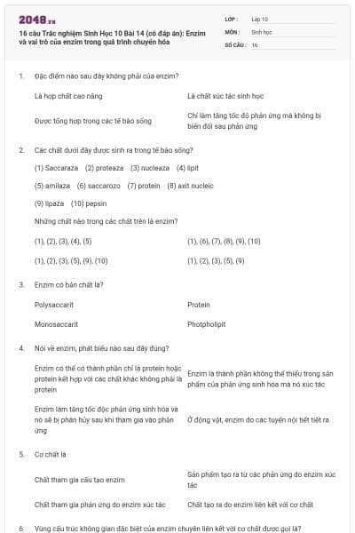 16 câu Trắc nghiệm Sinh Học 10 Bài 14 (có đáp án): Enzim và vai trò của enzim trong quá trình chuyển hóa