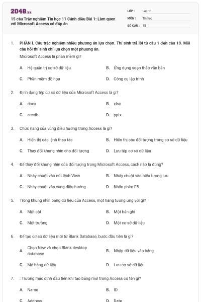 15 câu Trắc nghiệm Tin học 11 Cánh diều Bài 1: Làm quen với Microsoft Access có đáp án