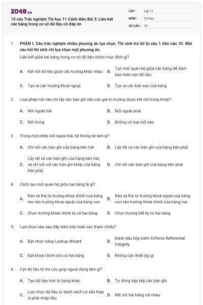 15 câu Trắc nghiệm Tin học 11 Cánh diều Bài 3: Liên kết các bảng trong cơ sở dữ liệu có đáp án