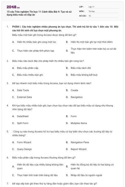 15 câu Trắc nghiệm Tin học 11 Cánh diều Bài 4: Tạo và sử dụng biểu mẫu có đáp án
