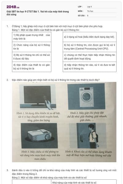 Giải SBT tin học 9 CTST Bài 1. Vai trò của máy tính trong đời sống