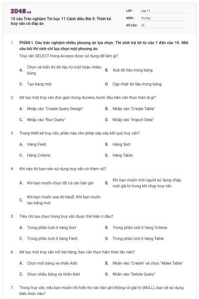 15 câu Trắc nghiệm Tin học 11 Cánh diều Bài 5: Thiết kế truy vấn có đáp án