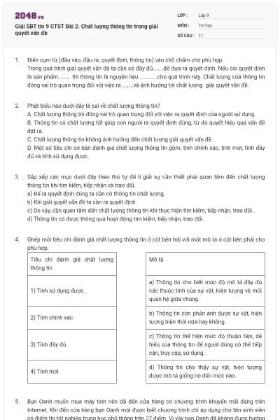 Giải SBT tin 9 CTST Bài 2. Chất lượng thông tin trong giải quyết vấn đề