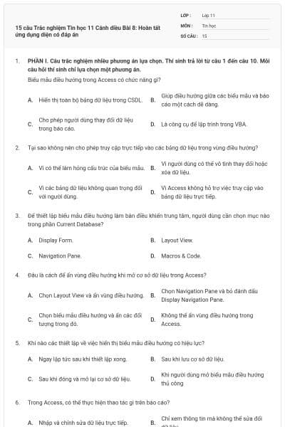 15 câu Trắc nghiệm Tin học 11 Cánh diều Bài 8: Hoàn tất ứng dụng diện có đáp án