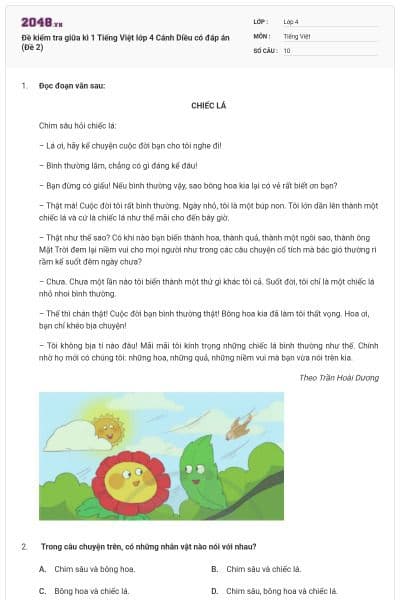 Đề kiểm tra giữa kì 1 Tiếng Việt lớp 4 Cánh Diều có đáp án (Đề 2)