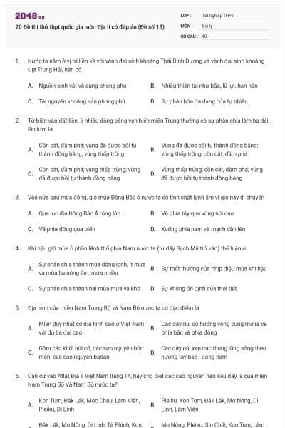 20 Đề thi thử thpt quốc gia môn Địa lí có đáp án (Đề số 18)