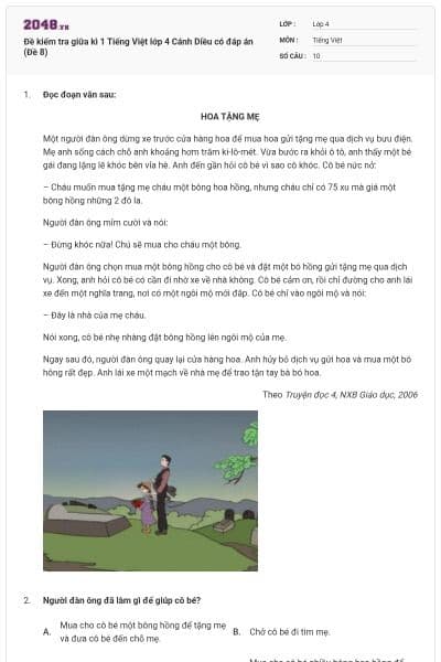 Đề kiểm tra giữa kì 1 Tiếng Việt lớp 4 Cánh Diều có đáp án (Đề 8)