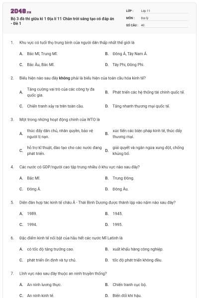 Bộ 3 đề thi giữa kì 1 Địa lí 11 Chân trời sáng tạo có đáp án - Đề 1
