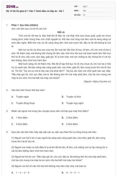 Bộ 10 đề thi giữa kì 1 Văn 7 Cánh diều có đáp án - Đề 1