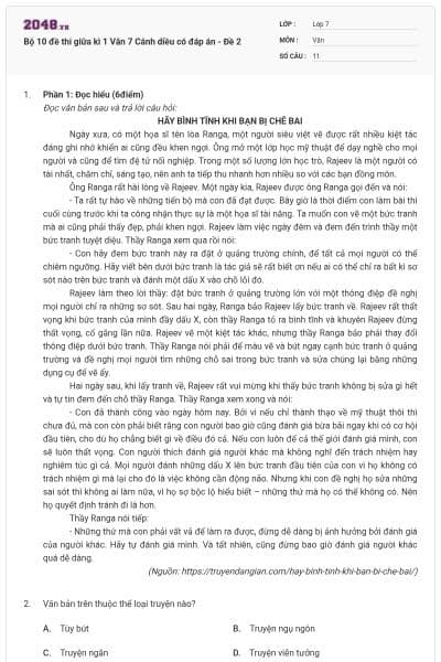 Bộ 10 đề thi giữa kì 1 Văn 7 Cánh diều có đáp án - Đề 2