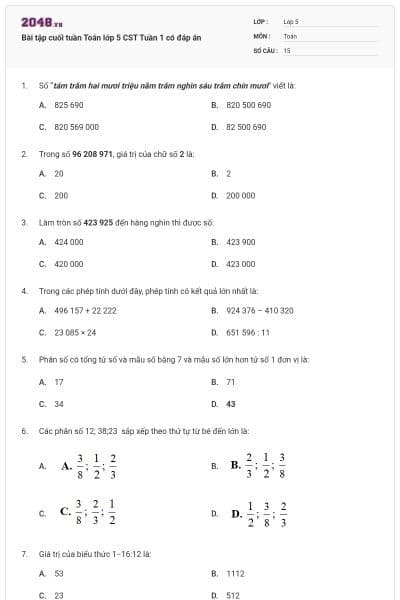 Bài tập cuối tuần Toán lớp 5 CST Tuần 1 có đáp án