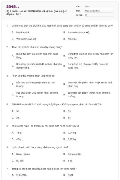 Bộ 2 đề thi cuối kì 1 KHTN 8 Kết nối tri thức (Nối tiếp) có đáp án - Đề 1