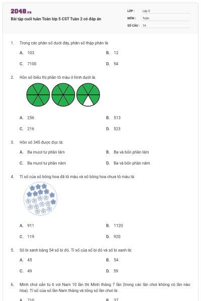 Bài tập cuối tuần Toán lớp 5 CST Tuần 2 có đáp án