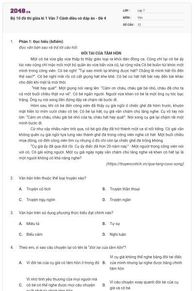 Bộ 10 đề thi giữa kì 1 Văn 7 Cánh diều có đáp án - Đề 4