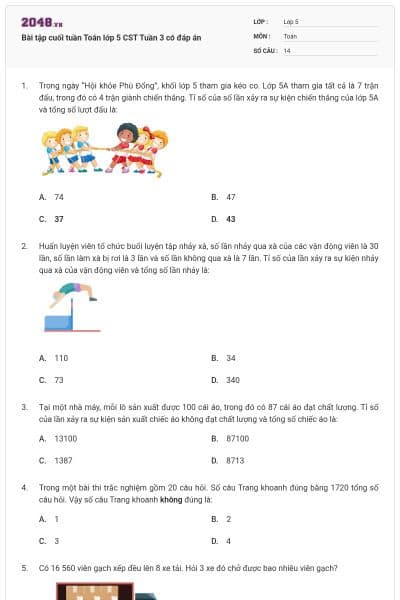 Bài tập cuối tuần Toán lớp 5 CST Tuần 3 có đáp án