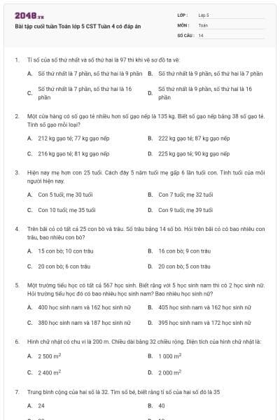 Bài tập cuối tuần Toán lớp 5 CST Tuần 4 có đáp án