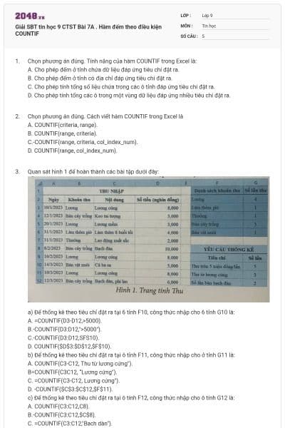 Giải SBT tin học 9 CTST Bài 7A . Hàm đếm theo điều kiện COUNTIF