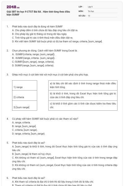 Giải SBT tin học 9 CTST Bài 8A . Hàm tính tồng theo điều kiện SUMIF