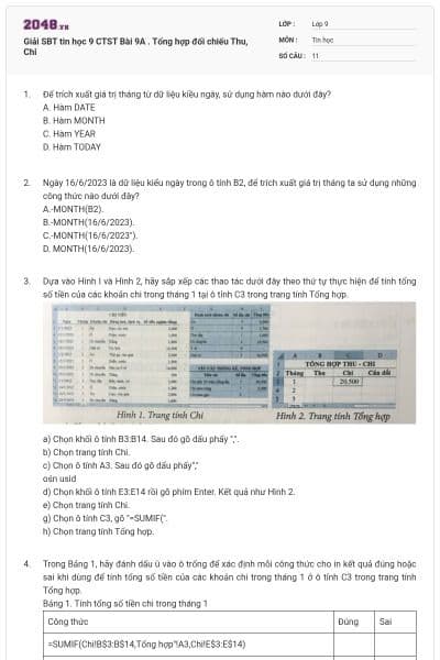 Giải SBT tin học 9 CTST Bài 9A . Tổng hợp đối chiếu Thu, Chi