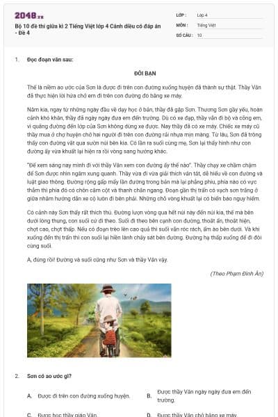 Bộ 10 đề thi giữa kì 2 Tiếng Việt lớp 4 Cánh diều có đáp án - Đề 4