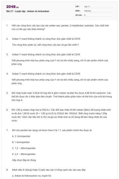 Bài 27 : Luyện tập : Ankan và xicloankan