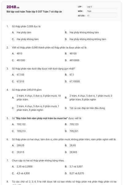 Bài tập cuối tuần Toán lớp 5 CST Tuần 7 có đáp án