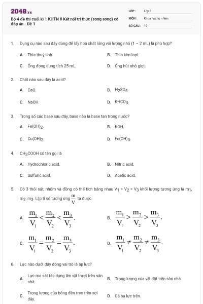 Bộ 4 đề thi cuối kì 1 KHTN 8 Kết nối tri thức (song song) có đáp án - Đề 1