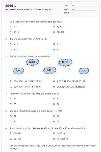 Bài tập cuối tuần Toán lớp 5 CST Tuần 8 có đáp án