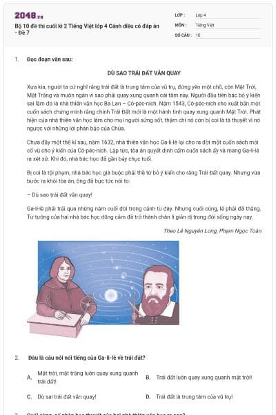 Bộ 10 đề thi cuối kì 2 Tiếng Việt lớp 4 Cánh diều có đáp án - Đề 7