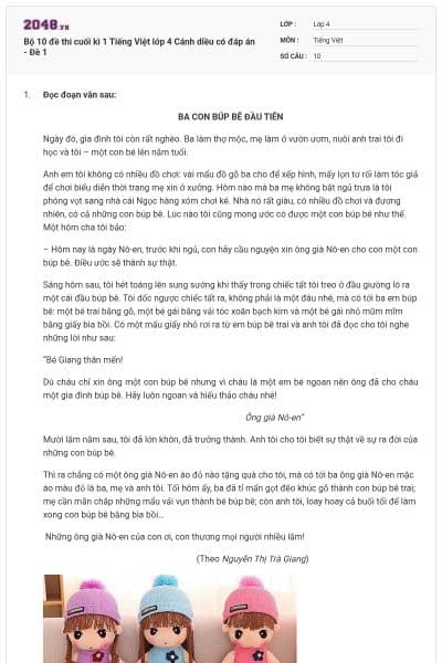 Bộ 10 đề thi cuối kì 1 Tiếng Việt lớp 4 Cánh diều có đáp án - Đề 1