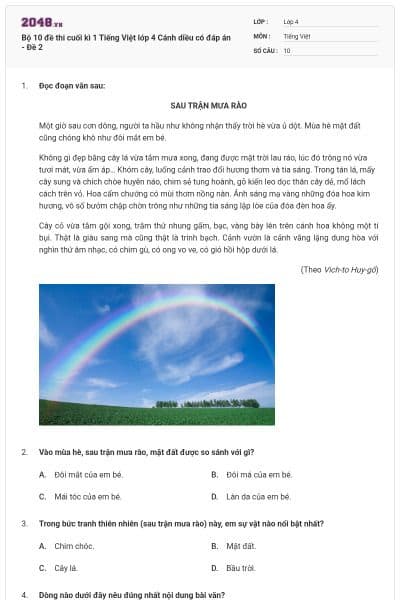 Bộ 10 đề thi cuối kì 1 Tiếng Việt lớp 4 Cánh diều có đáp án - Đề 2